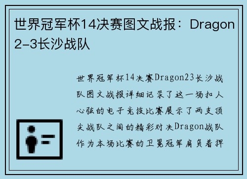 世界冠军杯14决赛图文战报：Dragon2-3长沙战队